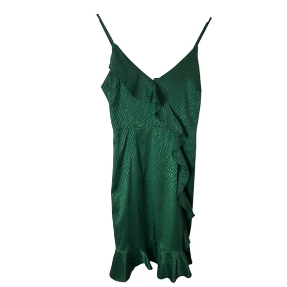Lulus Hewitt Forest Green Embossed Zebra Print Satin Ruffled Mini Dress Size Med - Picture 4 of 10